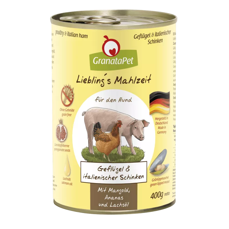 Geflügel&italienischer Schinken, Mangold, Ananas und Lachsöl 400g